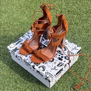 Suede Lace-Up Block Heel Sandals - Rust